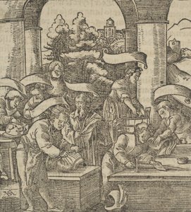 Die Herstellung von Rüstungen, aus Hymmelwagen auff dem, wer wol lebt..., 1517 von Hans Schäufelein the Elder