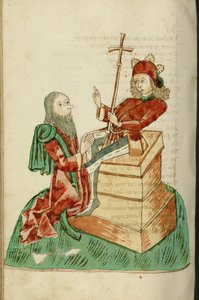 Der thronende Josaphat im Gespräch mit dem knienden Theodas