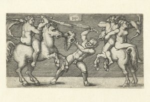 Kampf zwischen zwei Männern mit Frauen zu Pferd und einem stehenden Mann von Hans Sebald Beham