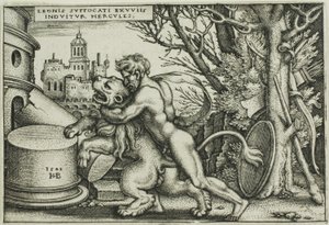 Herkules und der nemeische Löwe, aus Die Arbeiten des Herkules