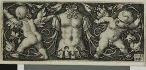 Ornament mit Rüstung und zwei Genien, aus Vier Vignetten von Hans Sebald Beham