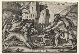 Die Arbeiten des Herkules: Herkules zieht Cerberus aus der Unterwelt von Hans Sebald Beham