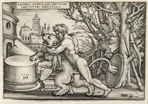 Die Arbeiten des Herkules: Herkules erwürgt den Nemeischen Löwen, 1548
