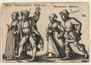 Die Bauernhochzeit oder die zwölf Monate: 3-Her Gregorius Mercz 4-Marcus April von Hans Sebald Beham