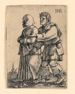 Die Hochzeitsprozession: Paar geht nach links, Frau trägt eine Haube