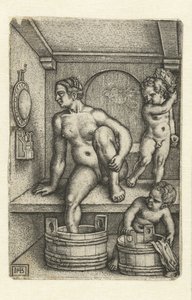 Frau mit zwei Kindern im Badezimmer von Hans Sebald Beham