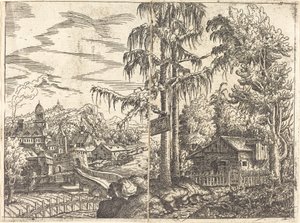Landschaft mit Blick auf ein Bauernhaus und eine Stadt in der Nähe eines Flusses, 1551