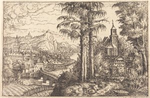 Ansicht einer Stadt in der Nähe eines Flusses mit einer Kirche auf der rechten Seite, 1553