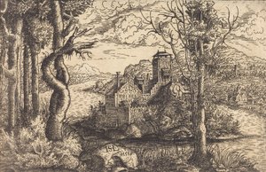 Blick auf einen Fluss mit einer Burg auf einer Insel, 1553 von Hans Sebald Lautensack