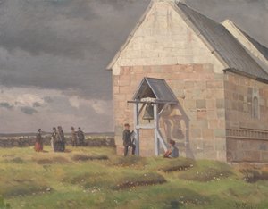 Ein Sturm zieht hinter der Kirche von Nørre Vium, Jütland, auf