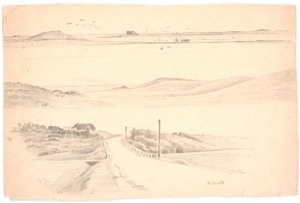 Studienblatt mit drei Landschaften aus Jütland. Oben: Landschaft mit Acker; Mitte: Landschaft mit hohen Hügeln; Unten: Landschaft mit Haus und Weg von Hans Smidth