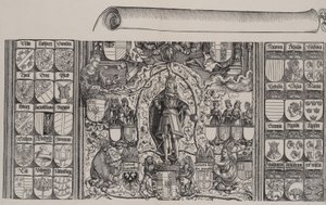 Der obere Teil der Genealogie von Maximilian, mit dem rechten Rand der Schriftrolle von Hans Springinklee