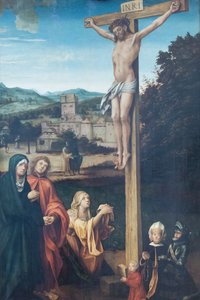 Christus gekreuzigt mit Maria, Heiliger Johannes, Heiliger Maria Magdalena und Stiftern von Hans Suess Kulmbach