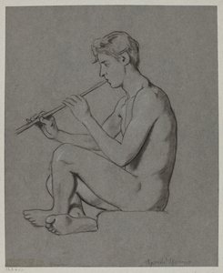 Akt eines jungen Mannes, der Flöte spielt von Hans Thoma