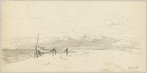 Küstenabschnitt bei Livorno mit am Strand ausgespannten Fischernetzen von Hans Thoma
