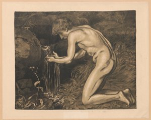 Junger Mann, der Wasser aus der Quelle schöpft, Akt von Hans Thoma