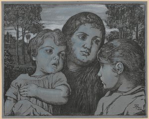 Porträt der Frau des Künstlers Celli mit zwei Kindern vor einer Landschaft von Hans Thoma