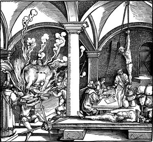 Folter. Illustration aus dem Buch Phisicke Against Fortune von Petrarca, 1532 von Hans Weiditz the Younger