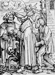 Tod und der Ratsherr, aus Der Totentanz, graviert von Hans Lutzelburger, ca. 1538