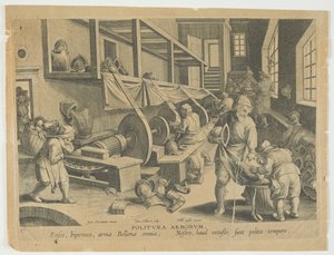 Politura Armorum, Polieren von Waffen, Platte 17 aus der Serie Nova Reperta, Moderne Entdeckungen, ca. 1588 von Hans the younger Collaert