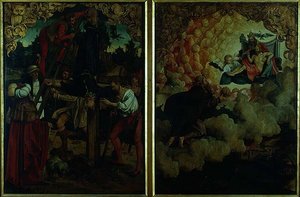 Geschichten von S.S. Peter und Paul Altarbild: Detail zeigt LtoR Kreuzigung des St. Peter, St. Paul steigt in den Himmel auf (Detail) von Hans von Klumbach