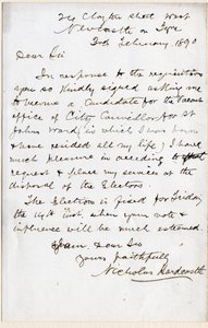 Brief von Nicholas Hardcastle zur Annahme der Einladung als Stadtrat für St. John