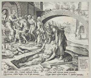Selig sind die Barmherzigen. Tobit begräbt die Toten, kleidet die Nackten und speist die Hungrigen von Harmen Jansz. Muller