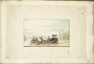 Gesellschaft von sechs Personen in einem Boot auf dem Zwolse Singel