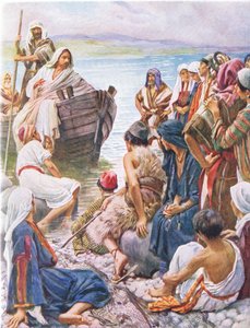 Christus predigt vom Boot, Illustration aus Harold Copping Bilder: Die Kronenserie, ca. 1920er Jahre