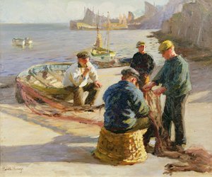 Newlyn Hafen: Netze flicken