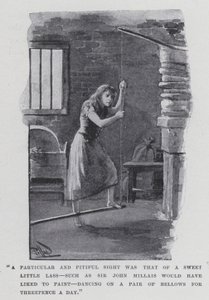 "Ein besonderes und mitleiderregendes Bild war das eines süßen kleinen Mädchens, wie es Sir John Millais gerne gemalt hätte, das für drei Pence am Tag auf einem Blasebalg tanzte" von Harold Hume Piffard