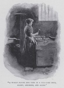 Eine Frau, die ihre Aufgabe in einem zellenartigen Schuppen ausführt, still, vertieft und allein (s/w Foto) von Harold Hume Piffard