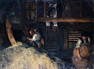 Arbeiter: Arbeiter beim Abfüllen von Hopfen