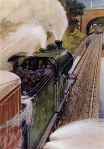 Dampflokomotive auf der Great Northern Railway nimmt Wasser auf