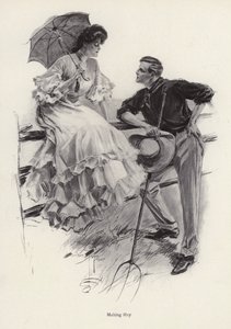 Ein Bauer macht eine Pause bei der Arbeit, um mit einer jungen Frau zu flirten von Harrison Fisher