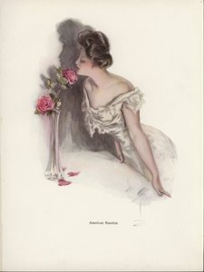 Amerikanische Frau riecht an rosa Rosen in einer Vase von Harrison Fisher