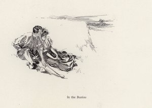 Paar in romantischer Umarmung in einem Bunker auf dem Golfplatz (Lithografie) von Harrison Fisher