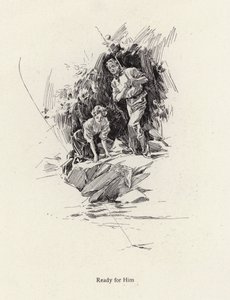 Mann und Frau angeln in einem Fluss oder Bach (Lithografie)