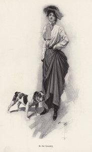 Porträt einer Frau, die für das Land gekleidet ist, mit ihrem Bulldog von Harrison Fisher