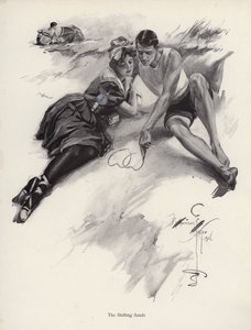 Zwei Liebende zeichnen Herzen in den Sand am Strand von Harrison Fisher