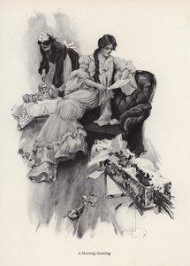 Junge Frau erhält einen Blumenstrauß und einen Brief von einem Verehrer (Lithografie) von Harrison Fisher