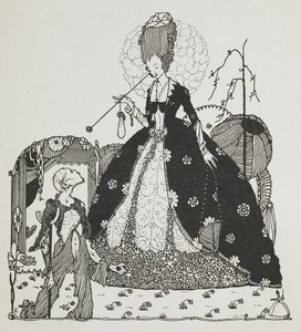 Eine Dame schaut auf einen Bauern herab, der um Geld bettelt. von Harry Clarke