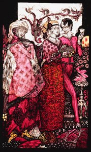 Bert der Bigfoot, gesungen von Villon. "Queens", neun Glasplatten geätzt, gefärbt und bemalt, Illustration von J.M. Synges Gedicht, 1917