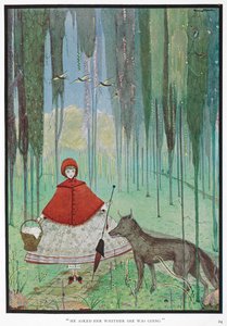 "Er fragte sie, wohin sie gehe." Rotkäppchen trifft den Wolf im Wald.