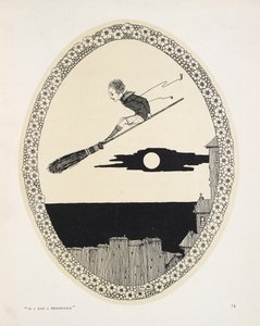 "Wenn ich einen Besenstiel hätte". Illustration zu einem Gedicht von Patrick R. Chalmers. Ein Junge auf einem Besenstiel von Harry Clarke