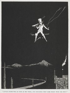 "Der kleine Däumling hielt sein Wort und kehrte noch in derselben Nacht mit den Nachrichten zurück." Ein Bote fliegt durch den Nachthimmel. Illustration für die Geschichte "der kleine Däumling."