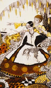 Sieben Hundstage lassen wir verstreichen, Königinnen in Glenmacnass benennen. Neun Glasplatten geätzt, gefärbt und bemalt, Illustration von J.M. Synges Gedicht, 1917 von Harry Clarke