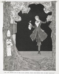 "Sie ließ einen ihrer Glasschuhe zurück, den der Prinz sehr sorgfältig aufhob." Illustration zur Geschichte 
