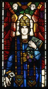 St. Peter, ein Glasfenster, das den geflügelten jugendlichen St. Peter mit Mitra zeigt, der symbolische Schlüssel und Buch hält, mit einem Paar begleitender Engel, ca. 1910-13 von Harry Clarke