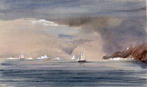 Die Eisberge vor Kap Hoorn (Chile), mit der Silhouette der HMS Tribune. Gemälde von Vizeadmiral Harry Edmund Edgell (1809-1876), Aquarell 1856. von Harry Edmond Edgell